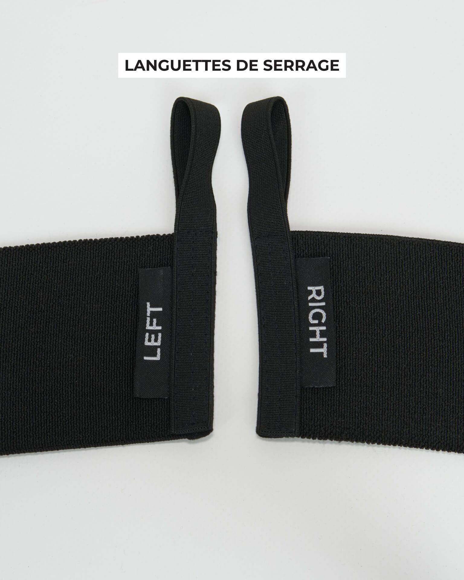 Vue rapprochée des passants marqués LEFT et RIGHT sur les bandes de poignets STOYIK noires