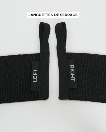 Vue rapprochée des passants marqués LEFT et RIGHT sur les bandes de poignets STOYIK noires